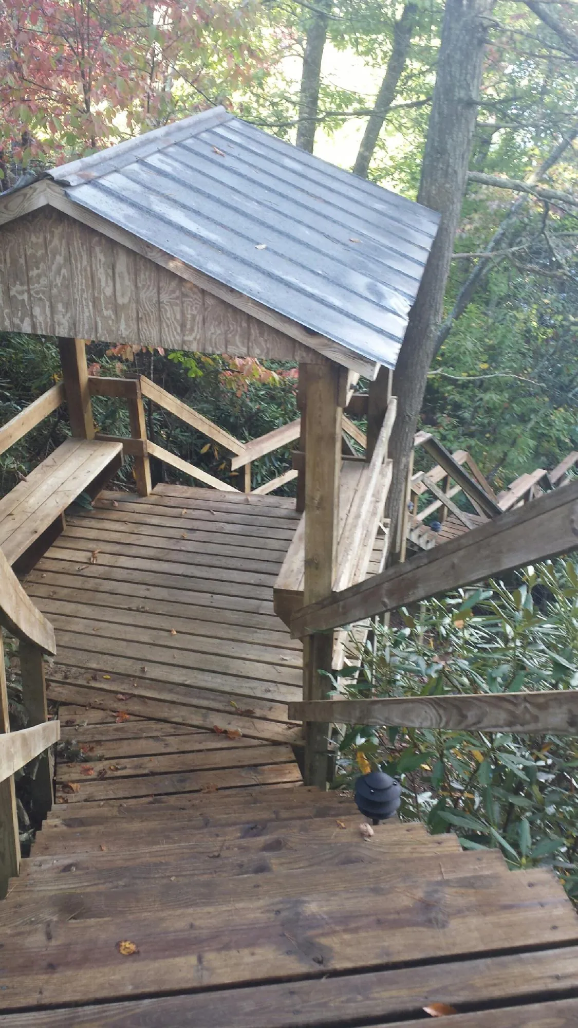 Metal roofed shelter over wooden steps on a wooded walkway — Skylight Repair & Installation work by our crew in Nye